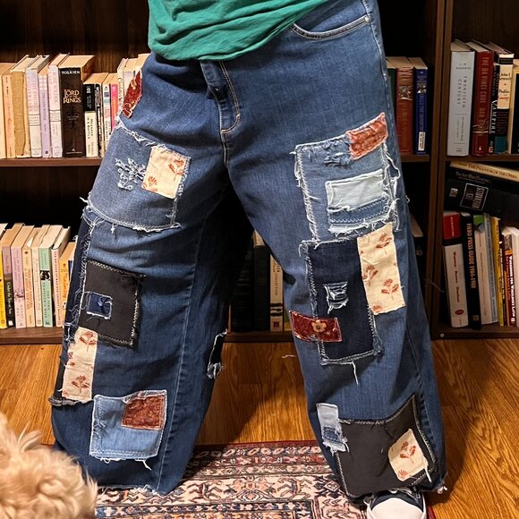 Upcycled Reworked Patched Hippie Boho Distressed Wide Leg Jeans size 20W - Picture 3 of 14
